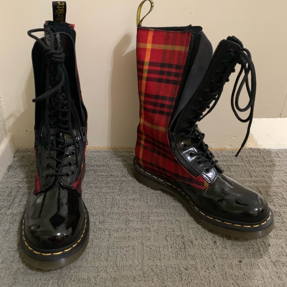 Dr Martens Red Plaid with patent leather